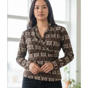 Vintage Y2K Prima Bella Chain Pattern Poly Knit Surplice Blouse in Brown & Cream